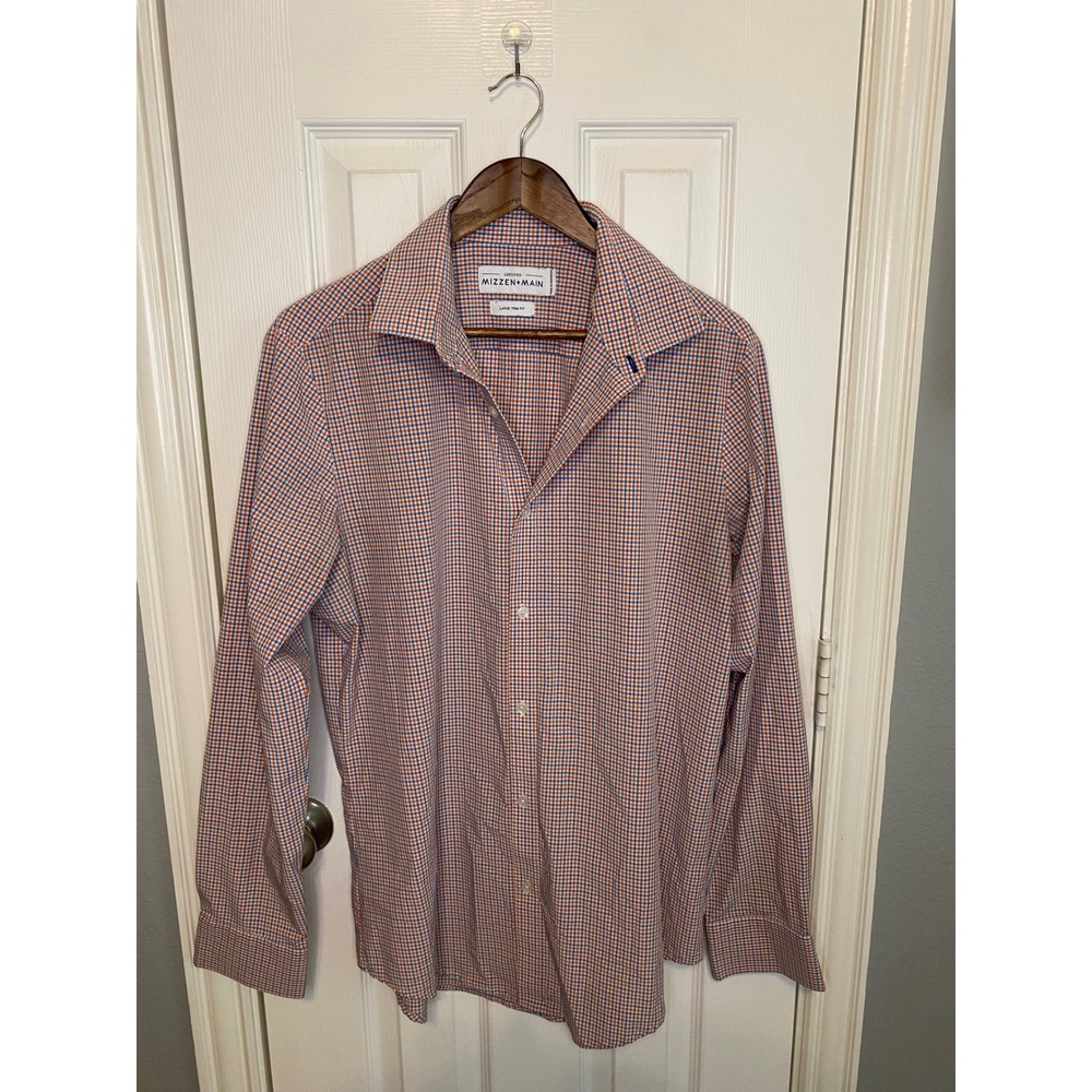 Mizzen+Main Leeward Dress Shirt Mens Large Trim Fit Orange Blue Check Shirt